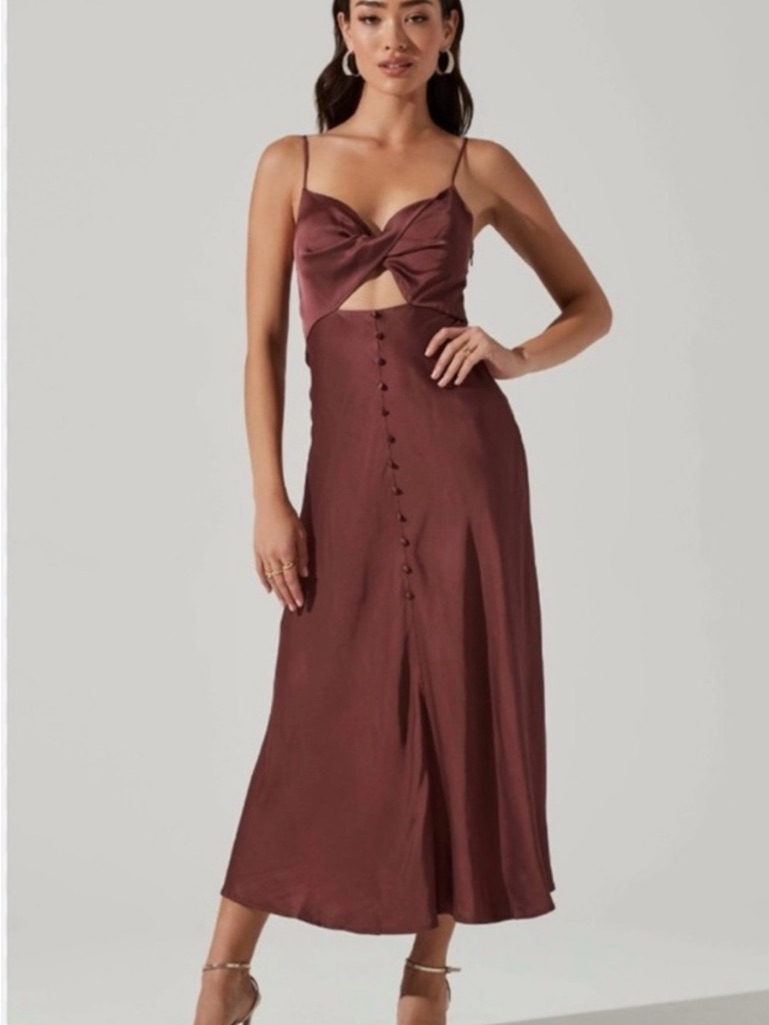 Astr The Label Twist-Front Satin Midi Dress In Deep Brown